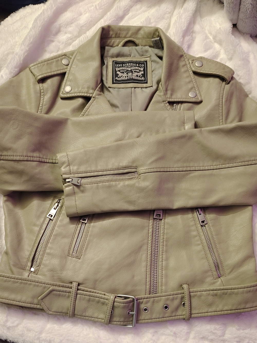 Levi's Olive Green Women's Leather Moto Jacket with Belt